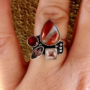 New Red Jasper Multi Gemstone 925 Silver Ring.